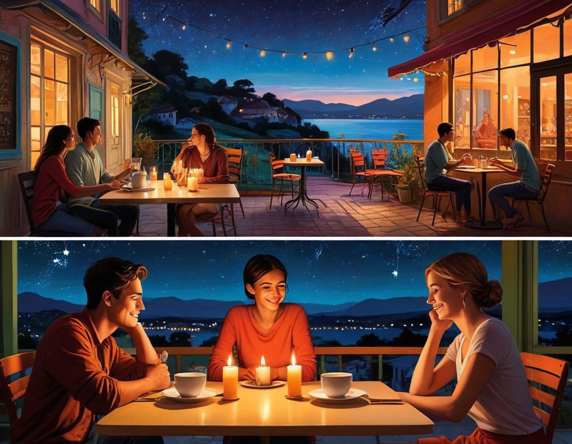 A visually captivating scene depicting the evolution of romantic relationships: starting with two friends sharing a light-hearted moment, transitioning to a candle-lit dinner filled with intimacy and connection, and culminating in a passionate embrace under a starlit sky. Include warm colors and soft lighting to evoke emotion. The background should subtly shift from a casual setting to a romantic one, illustrating the journey. vibrant colors. super-realistic.