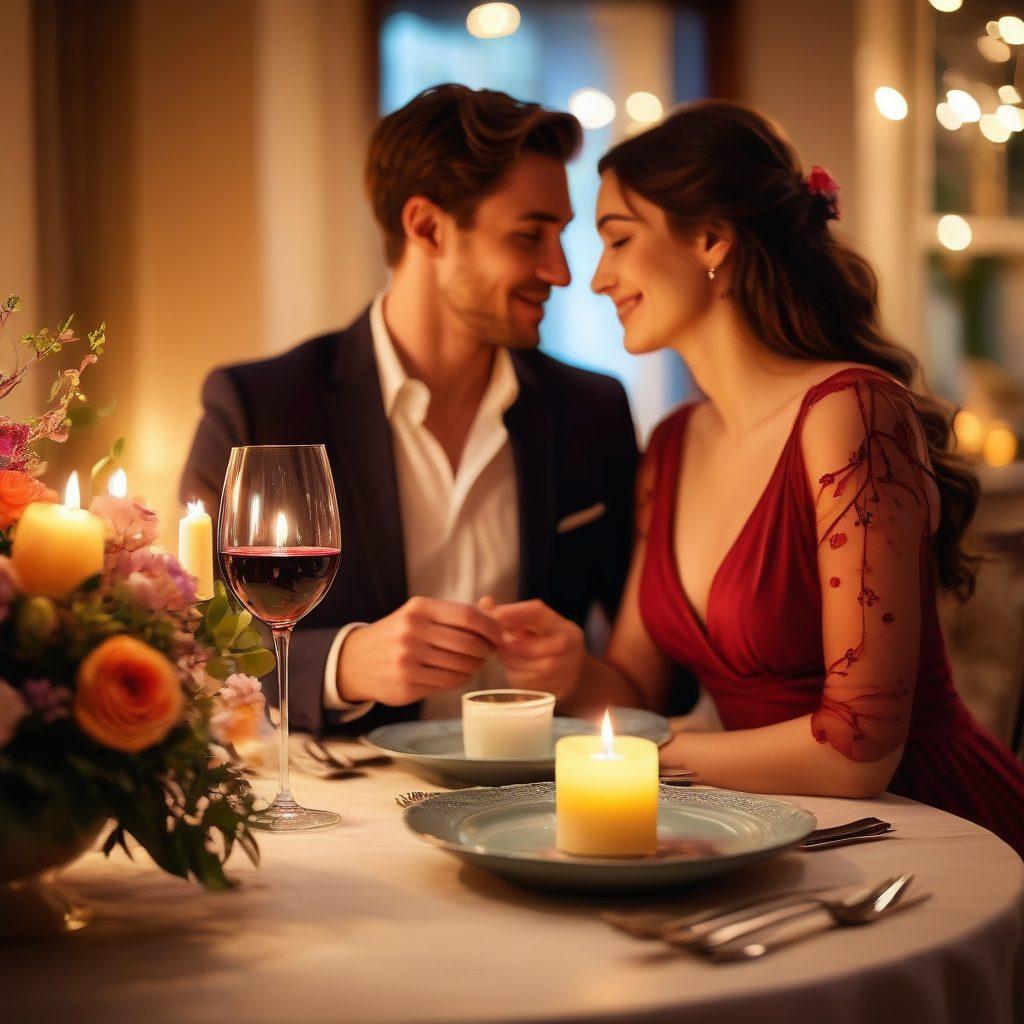 A candlelit dinner table set for two, elegantly decorated with romantic flowers and wine, featuring playful light reflections. In the background, a soft-focus couple sharing a flirty laugh, gazing into each other's eyes, conveying intimacy and connection. The atmosphere is warm and inviting, accentuating passion and romance. vibrant colors. soft bokeh effect. super-realistic.