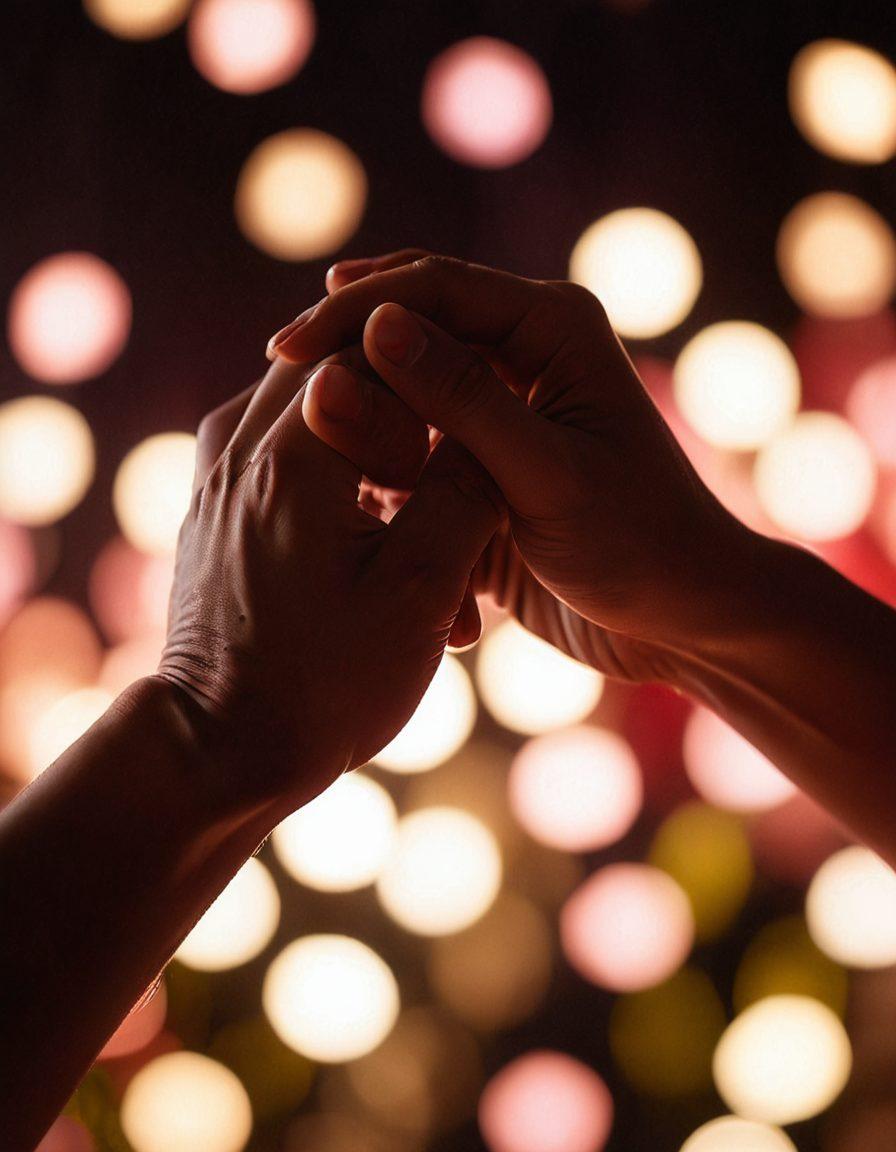 A close-up shot of two hands gently intertwined, symbolizing strong emotional bonds, surrounded by soft petals and warm, glowing light to evoke intimacy. In the background, blurred silhouettes of a couple sharing a tender moment, representing the depth of love affairs. The colors should be romantic with deep reds and warm pinks. super-realistic. soft lighting.